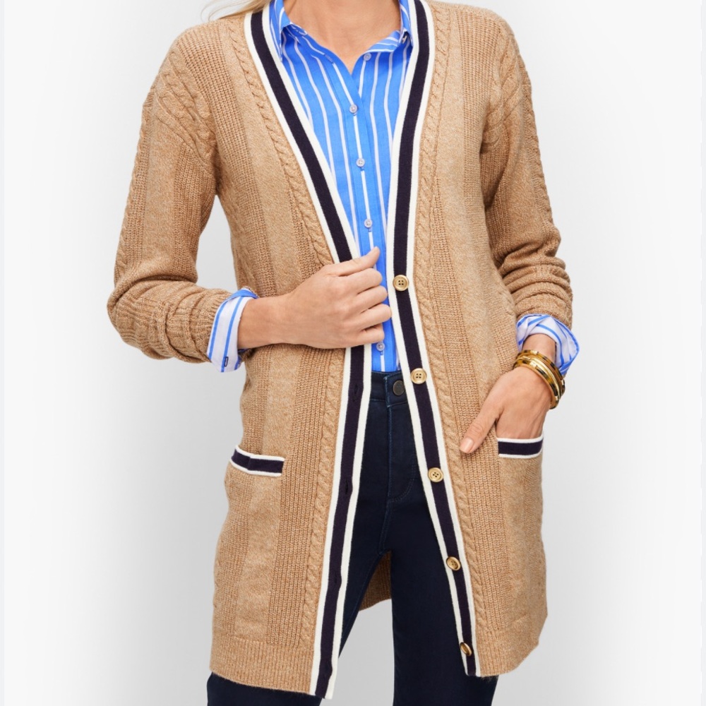 Talbots Cable Knit Cardigan Tipped Stripe Trim Cotton Blend Tan Camel M